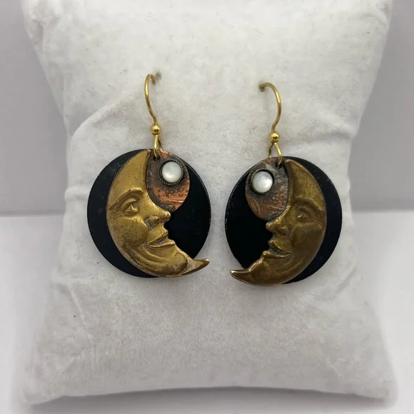Vintage Gold and Black Moon Face Earrings with Pearl Accent - Picture 2 of 4